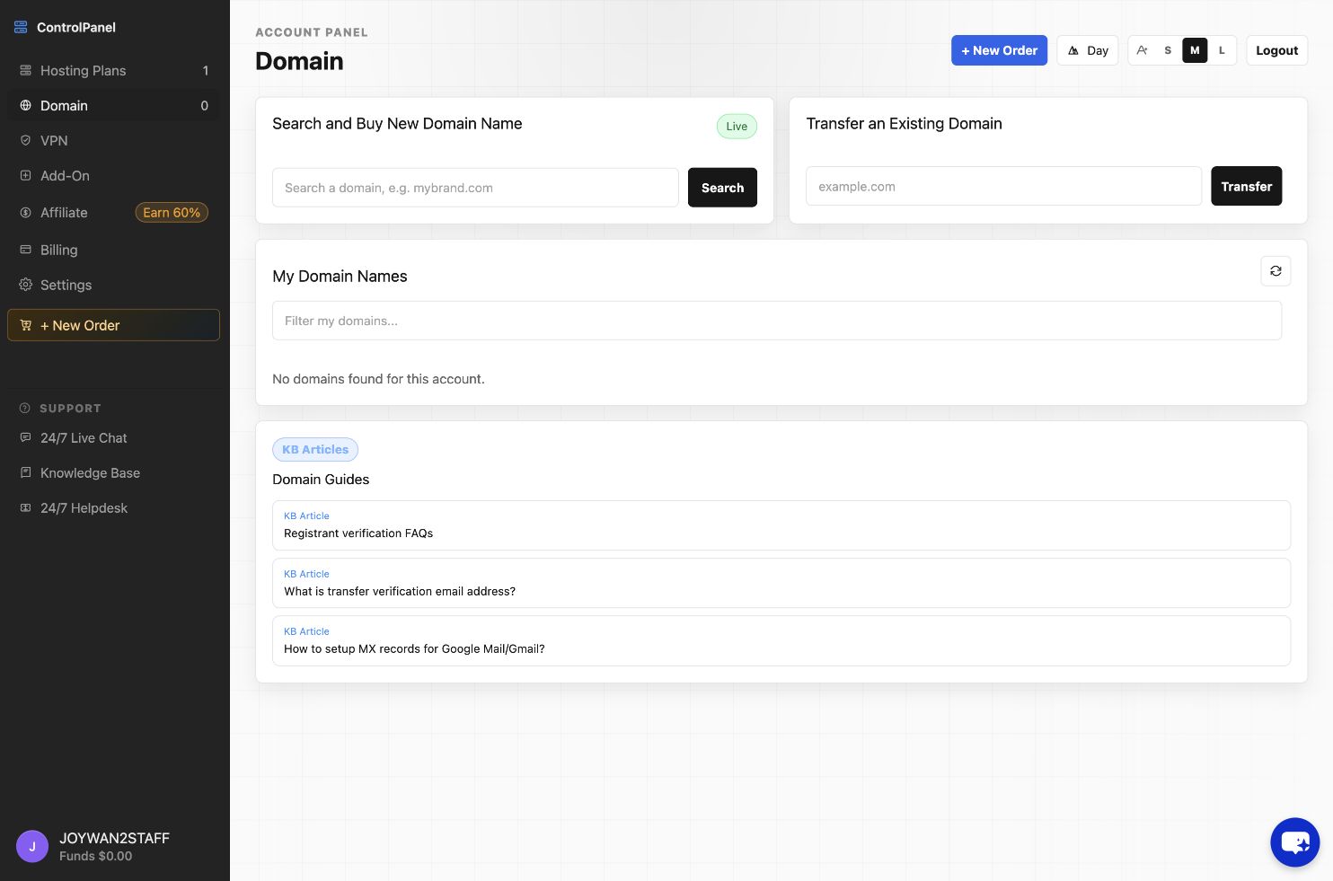 Domain management in the current Account Panel