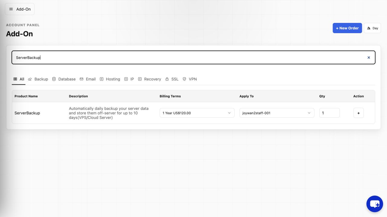 ServerBackup add-on in the current Account Panel