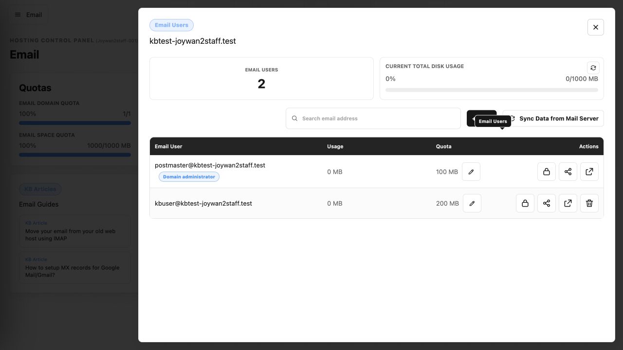 Postmaster mailbox and Webmail action in the current Control Panel