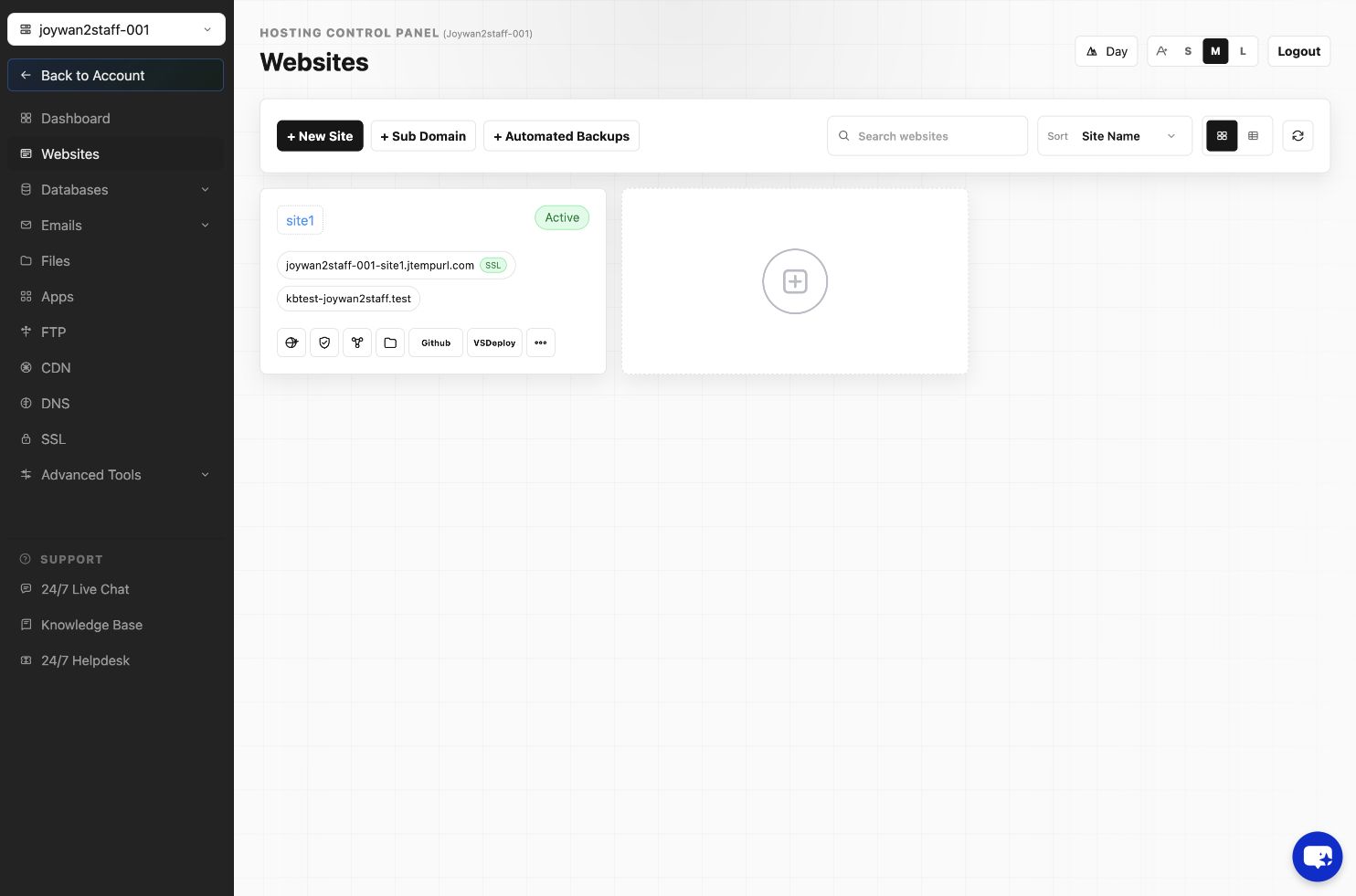 Website list in the current Hosting Control Panel