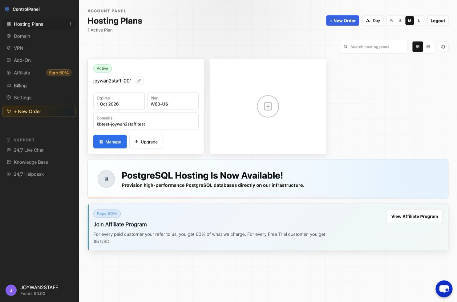 Billing page in the Account Panel