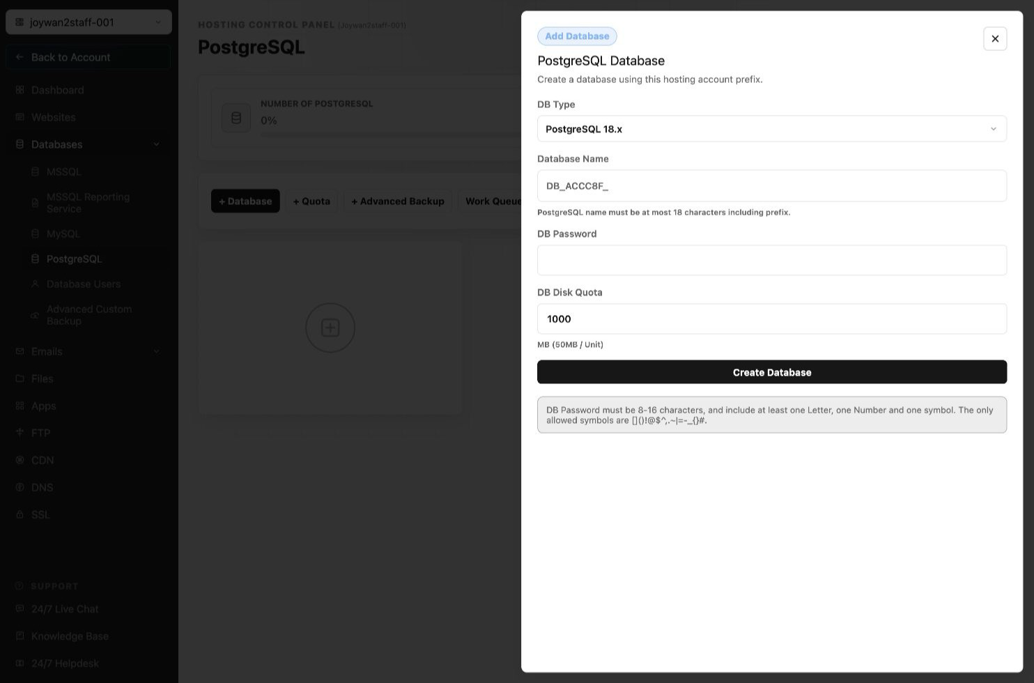 PostgreSQL database creation form