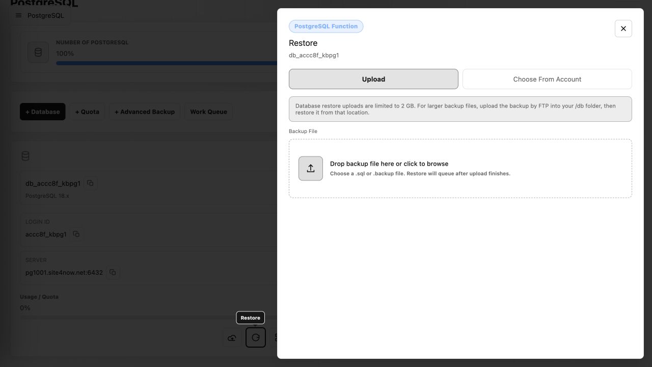 PostgreSQL restore form in the current Control Panel